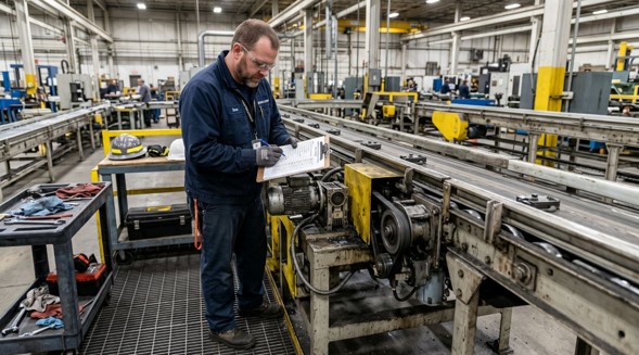 Worker doing conveyor maintenance